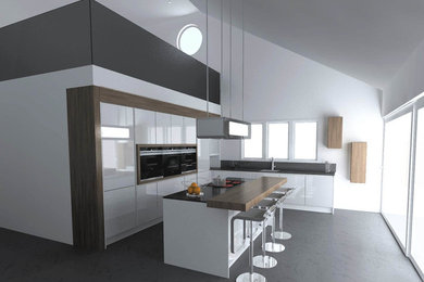 Design ideas for a contemporary l-shaped kitchen in Other with granite benchtops, black splashback, glass sheet splashback and with island.