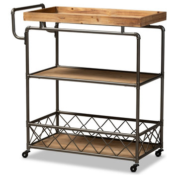 Rustic Oak Brown Finished Wood and Black Metal 3-Tier Mobile Kitchen Cart