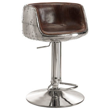 Brancaster Aluminum & Top Grain Leather Adjustable Swivel Stool, Vintage Brown