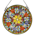 CHLOE Lighting - CHLOE-Lighting ANEMONE Floral Tiffany-glass Window Panel 24" Wide - ANEMONE, a Floral style stained glass window panel features 8 beautiful roses laid out in an alternating circular pattern; 4 being bright red and the other 4 are a purple-blue. This piece is hand crafted using over 340 pieces of hand cut, stained art glass, 9 colorful glass beads, and 8 glass crystals. Handcrafted using the same techniques that were developed by Louis Comfort Tiffany in the early 1900s, this beautiful Tiffany-style piece contains hand-cut pieces of stained glass, each wrapped in fine copper foil.