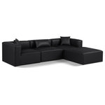 Meridian Furniture - Cube Upholstered Modular Sectional, Black, 4-Piece: 1 Armless Chair, 2 Corner Chair, 1 Ottoman, Vegan Leather - Elevate your space with the luxurious Cube Vegan Leather Modular Sectional. This modular sectional exudes modern elegance, charm, and comfort making it a perfect addition to any contemporary living space. Its clean lines and cube shape are reminiscent of minimalist design, while the plush black vegan leather upholstery adds a touch of luxury and sophistication. The chair's versatile construction and geometric aesthetic seamlessly integrate into various design styles, from sleek living rooms to chic home offices, embodying the essence of modern design and creating a sense of order and tranquility in your space.