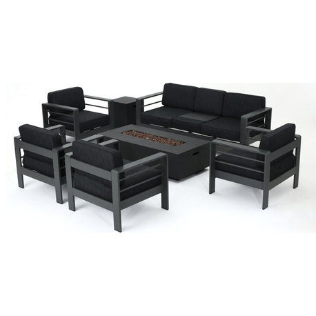 GDF Studio 7-Piece Coral Bay Outdoor Gray Aluminum Sofa Chat Set With Fire Table, Dark Gray