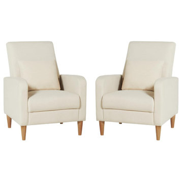 Set of 2 Accent Chair, Cushioned Seat & Slightly Curved Back, Beige Fabric