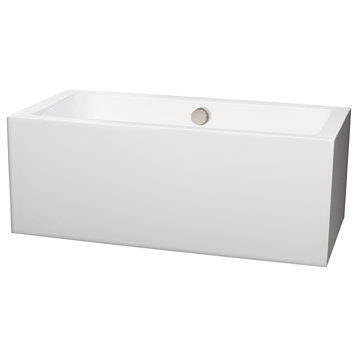 60" Freestanding Bathtub in White with Brushed Nickel Drain and Overflow Trim