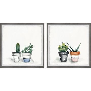 Decorated Cactus Pots Diptych, Set of 2, 24x24 Panels