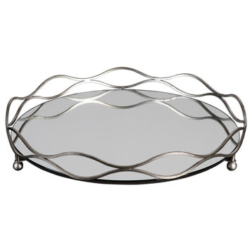 Elegant Round Mirrored Silver Centerpiece Tray, Bar Vanity Waves Open Metal