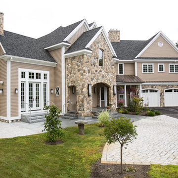 New England Style Design: Fireplace, Chimney, Columns, and Stone Siding