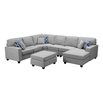 Willowleaf 7Pc Modular Sectional Sofa Chaise Ottoman, Light Gray Linen