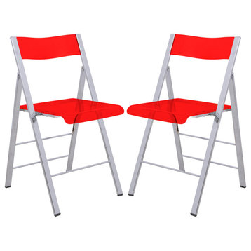 LeisureMod Menno Stackable Dining Folding Chair, Clear, Set of 2, Red