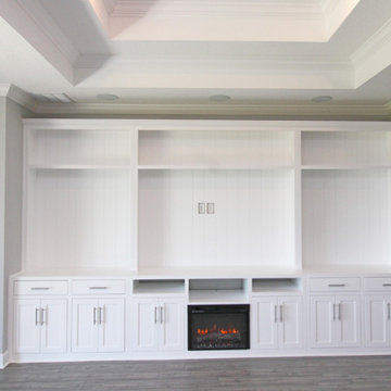 Custom Built-In Shaker Entertainment Center with Fireplace, Shiplap Backing