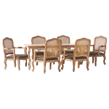 Bonview Fabric Upholstered Wood and Cane Expandable 7-Piece Dining Set, Natural Brown/Brown