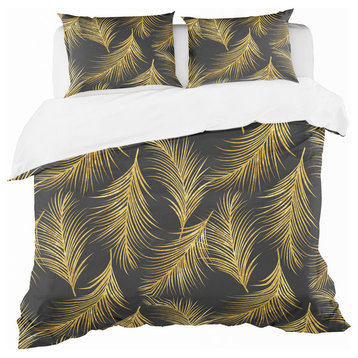 Golden Tropical Leaves Pattern Modern Duvet Cover Set, Queen