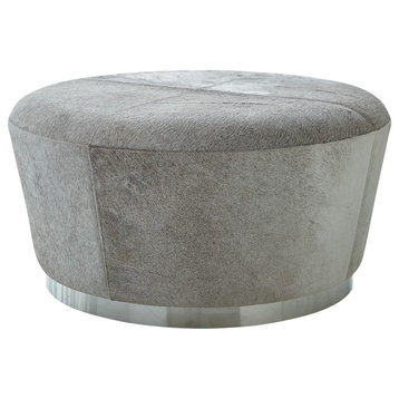 Modern Minimalist Gray Hairhide Drum Ottoman, Coffee Table Leather Round Silver