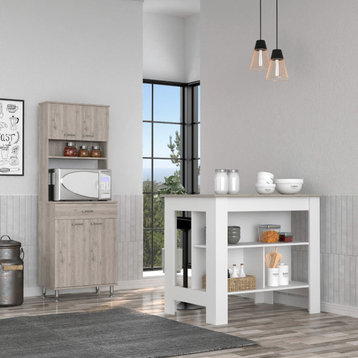 Calgary 2 Piece Kitchen Set, Kitchen Island & Pantry Cabinet, White/Light Gray