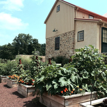 Farmhouse garden raised beds with modern trellis