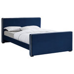 Meridian Furniture - Dillard Velvet Upholstered Bed, Navy, King - Lend your bedroom an elegant look with this Dillard velvet bed. Live out your velvet fantasy with this bed's soft navy velvet upholstery that runs the full length of the bed from headboard to footboard and is trimmed with velvet piping in a contrasting color for a contemporary vibe. Dark espresso wood legs provide added support for the bed, which can be used without a box spring if desired.