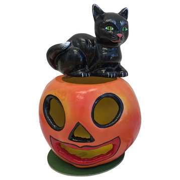 Schaller Paper Mache Candy Container- Cat On Pumpkin