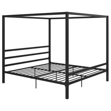 Modern Canopy Bed, Sleek Metal Silhouette and Built, Headboard, Black, King