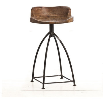 Henson Counter Stool, Waxed Wood Seat, Natural Iron, Mango Wood, Iron, 16"W