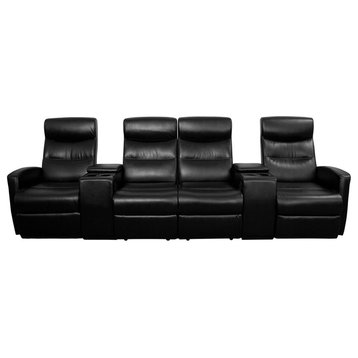 Anetos Series 4-Seat Reclining Black Leather Theater Seating With Cup Holders