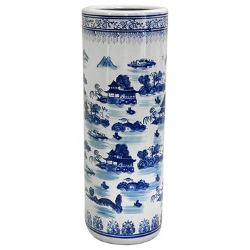 24" Landscape Blue and White Porcelain Umbrella Stand