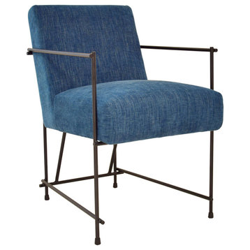 Dayton Chenille Upholstered and Black Steel Framed Dining Arm Chair, Denim Blue