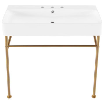 Carre 36" Console Sink White Basin Brushed Gold Legs With 8" Widespread Holes