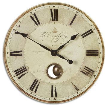 Large Gray Pendulum Wall Clock Roman Numerals 23", Brass Exposed Traditional