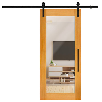 Mirror Solid Mahogany Wood Sliding Barn Door With Mirror Insert, 34"x84", 2 Mirrors/Front & Back, Carbon Steel Hardware
