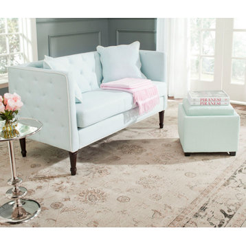 Raya Tufted Settee With Pillows Powder Blue/ White/ Espresso