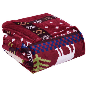 Christmas Deer Flannel Fleece Blanket, Burgundy Christmas Deer, Queen