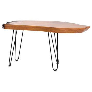 Rustic Coffee Table, Hairpin Metal Legs With Clear Lacquered Natural Wooden Top