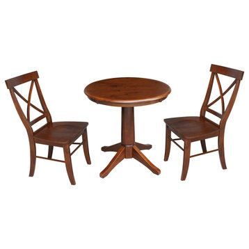 30" Round Top Pedestal Table With X-Back Chairs, 3-Piece Set, Espresso