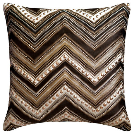 Brown Jacquard Chevron, Beaded Sequins 16"x16" Pillow Cover - Chevron Chic