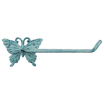 Rustic Dark Blue Whitewashed Cast Iron Butterfly Toilet Paper Holder 11"