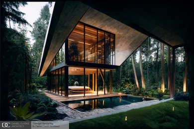 Inspiration for a contemporary brown two-story house exterior remodel with a metal roof and a black roof