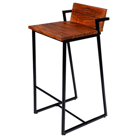 Benzara UPT-272013 30" Industrial Style Acacia Wood Barstool Brown/Black