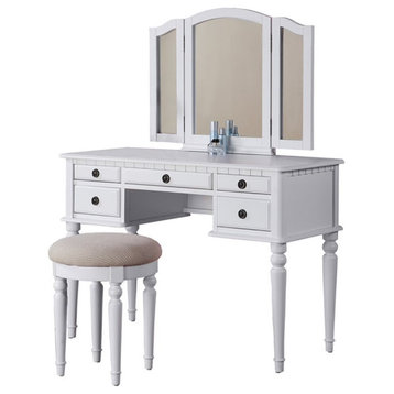 Poundex Furniture Wood Vanity Set with Mirror and Stool in White Color