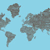 1-World Text Map Wall Mural, Brown on Blue, Wallpaper, 3 panel, 107x57"
