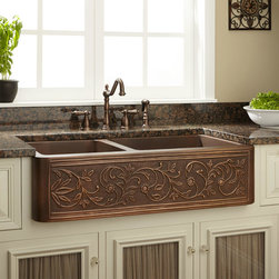33" Vine Design 60/40 Offset Double-Bowl Copper Farmhouse Sink - Kitchen Sinks