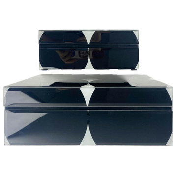 Wood, Set of 2 8/11" Abstract Boxes, Black/White