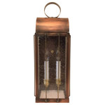 Hutton Metalcrafts, Inc. - Salem Lantern, Solid Copper Outdoor Wall Lamp, Antique Copper - The Salem lantern takes its name from colonial America. Height: 18 inches, Width: 6 inches, Depth: 6 inches. A nice size fixture at your front door, garage or deck. Two candelabra sockets give ample light with two LED 40-watt bulbs. Standard UL code mounting, cross bar on outlet box, threaded nipple with solid brass cap. (2) 40 watts per socket LED equals 80 Watts LED. Copper lantern for indoor or exterior lighting. For over forty years the Hutton family has been making solid copper lanterns by hand, in northeastern Pennsylvania. We are proud to offer these fine outdoor and indoor lanterns to you. Handcrafted, a return is at customer's expense. We make every effort to create lanterns which are close in color. We use a natural oxidation which may vary from fixture to fixture. Rustic handmade lantern. Our lanterns will patina over time. We are a hand-crafted studio in northeastern Pennsylvania. Our lanterns are made for you by hand. We do not have fancy printed boxes or form fit packing. Our lanterns are packed in bubbles and double strength cardboard boxes. All lanterns are new. Rustic log home or traditional lighting. Hutton Metalcrafts, Inc established in 1973. Made in the USA.