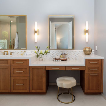 San Diego Bathroom Double Vanity with Makeup Station, Wood Cabinets, and Gold Ac