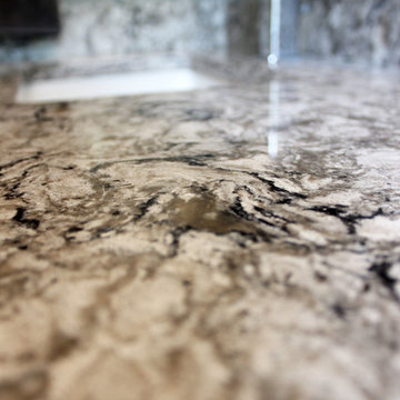 Cherry Onyx Vanity with Cambria Bellingham Countertops and Gray Tiled Shower
