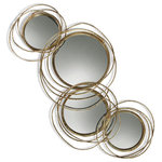 Harp and Finial - Conway Mirror Gold Metal Finish - A tasteful contemporary touch, the Conway mirror uses intricate abstract shapes in a gold metal finish to create a transitional favorite. Made with a set of four individual round glass mirrors, this piece is a wall mounted delight ideal for hallways, living rooms, and bedrooms. With its elegant use of forms and engaging presentation, this mirror is a designer's masterstroke.