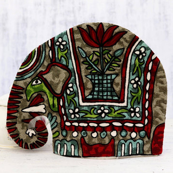 NOVICA Marching Elephant In Red And Chain Stitched Wool Tea Cozy