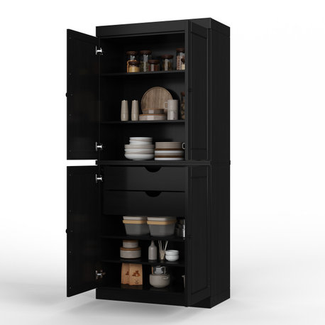 100% Solid Wood 32" Kitchen Pantry with Solid Doors, 2-Drawers, Black