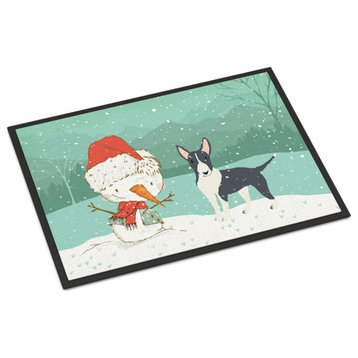 Caroline's Treasures Black Bull Terrier Snowman Christmas Door Mat Multicolor