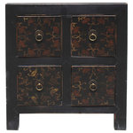 Golden Lotus - Oriental Distressed Black Golden Flower 4-Drawers End Table Nightstand - This is a handmade Chinese accent decorative end table nightstand with distressed black-brown base color on the drawers. The front is handpainted with golden oriental flower graphics.