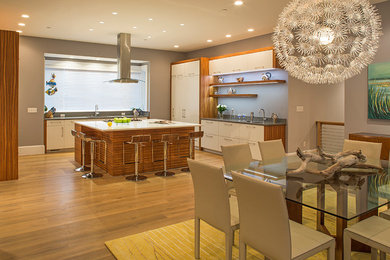 Open concept kitchen - large contemporary u-shaped light wood floor open concept kitchen idea in DC Metro with an undermount sink, flat-panel cabinets, white cabinets, quartz countertops, paneled appliances and an island